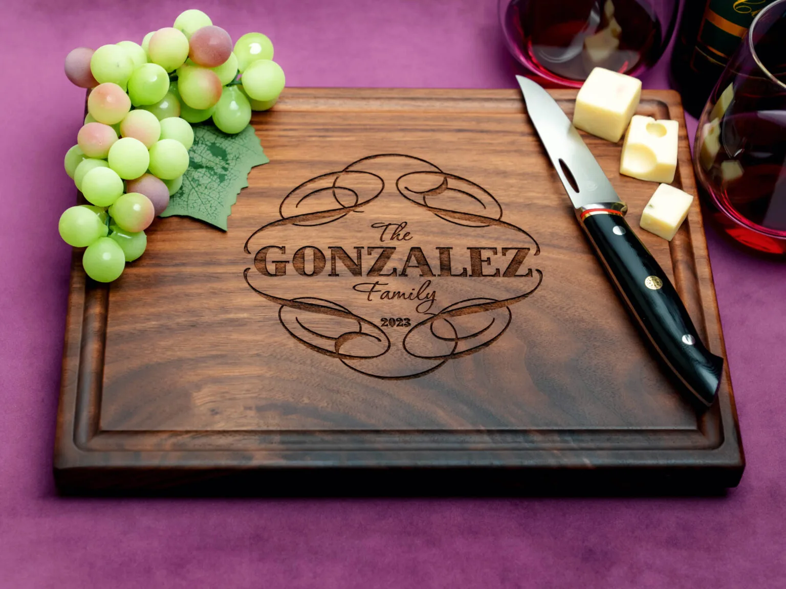 natural wooden plaque with vintage stamp script design on purple background