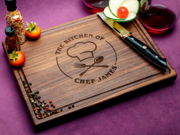 walnut charcuterie board with spices little tomatoes cucumber and knife on purple background