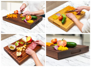 food preparation on wooden cutting boards slicing vegetables and snacks