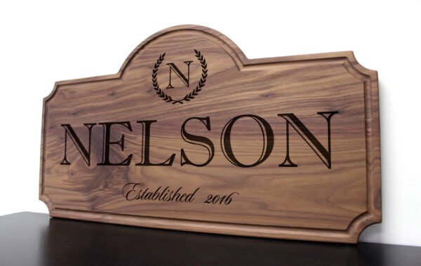 Family Name with Laurels and Initial Design #3 - Walnut Sign