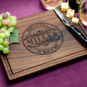 engraved walnut cutting board with vintage stamp design for housewarming gift