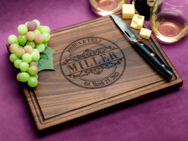 engraved walnut cutting board with vintage stamp design for housewarming gift