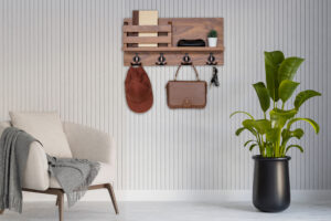 Rustic Walnut Hardwood Coat Holder for keys and handbags