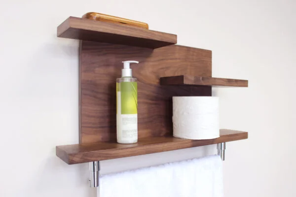Modern Rustic Handmade Hardwood Organizer, Kitchen and Bathroom Floating Shelf with 18" Towel Bar #3