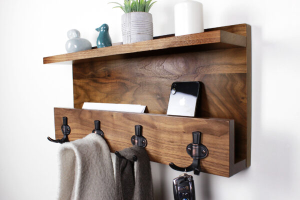 Natural Hardwood Mail Key Organizer, Modern Rustic Entryway Shelf, Handmade Coat Rack, Letter Holder, Home Decor, Floating Shelf #2