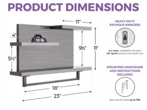 Wall-mounted hook shelf, 23 inches wide, featuring an 18-inch towel bar. Each shelf ledge supports up to 10 lbs. Includes heavy-duty keyhole hangers and 75 lb anchors for secure installation.