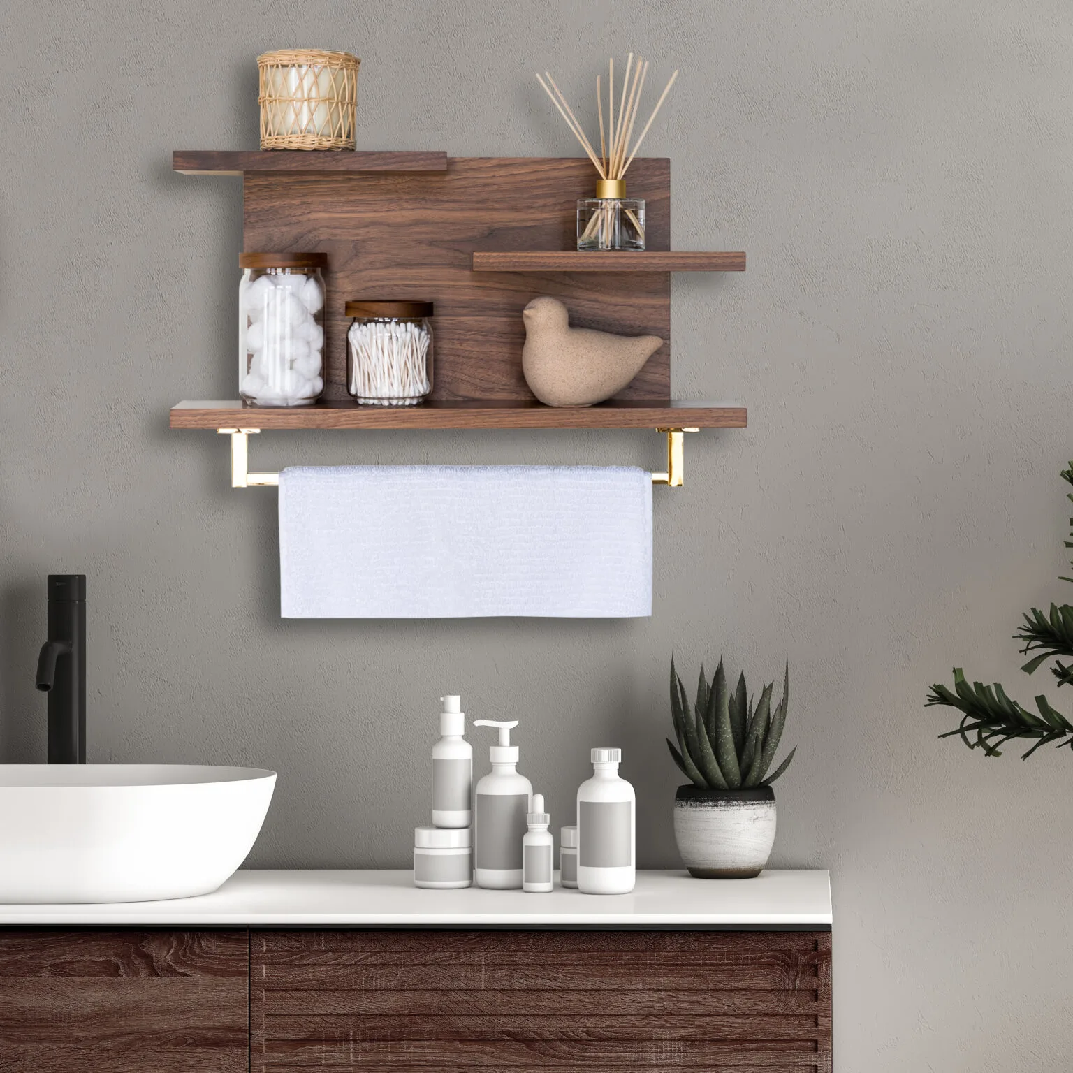 Modern Rustic Handmade Hardwood Organizer, Kitchen and Bathroom Floating Shelf with 18" Towel Bar #3