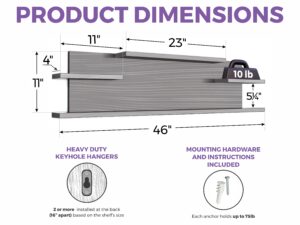 Wall-mounted hook shelf, 46 inches wide with 4 ledges. Each shelf ledge supports up to 10 lbs. Includes heavy-duty keyhole hangers and 75 lb anchors for secure installation.