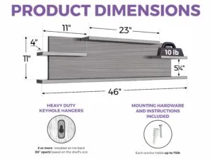 Wall-mounted hook shelf, 46 inches wide with 4 ledges. Each shelf ledge supports up to 10 lbs. Includes heavy-duty keyhole hangers and 75 lb anchors for secure installation.