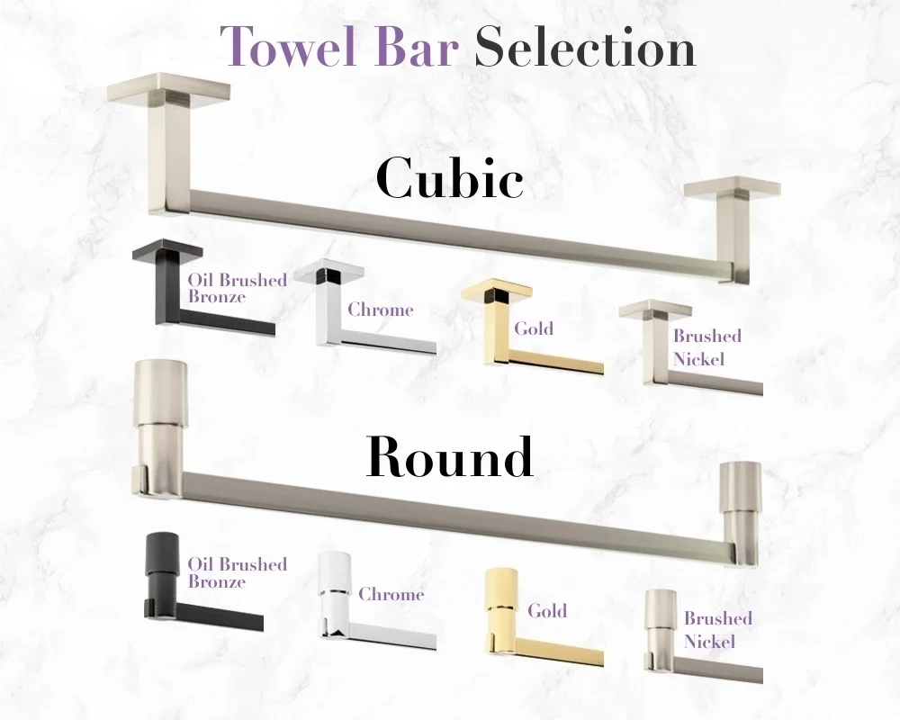 Selection of cubic and round towel bar in various finishes, including oil brushed bronze, chrome, gold and brushed nickel