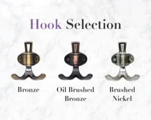 Selection of hooks in various finishes, including bronze, oil-brushed bronze and brushed nickel.