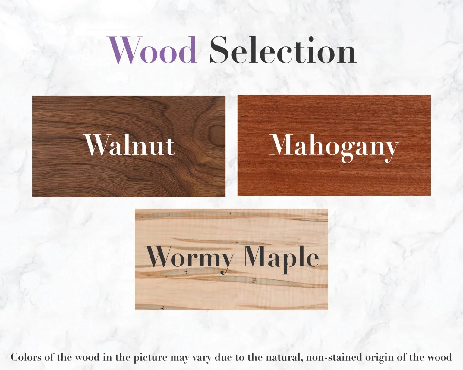 Selection of wood samples in different color variations, including walnut, mahogany and wormy maple.
