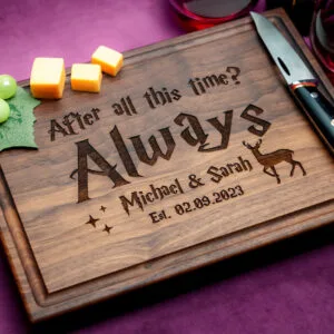 personalized cutting board for couples anniversary on purple background