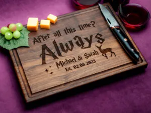 personalized cutting board for couples anniversary on purple background