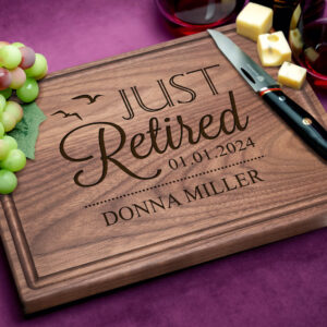 Personalized cutting board just retired design and two birds