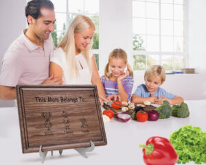 Handcrafted walnut cutting board adorned with Family members Design and personalized details. Encircling the board, a family joyfully prepares a meal, creating cherished memories in their bustling kitchen atmosphere.