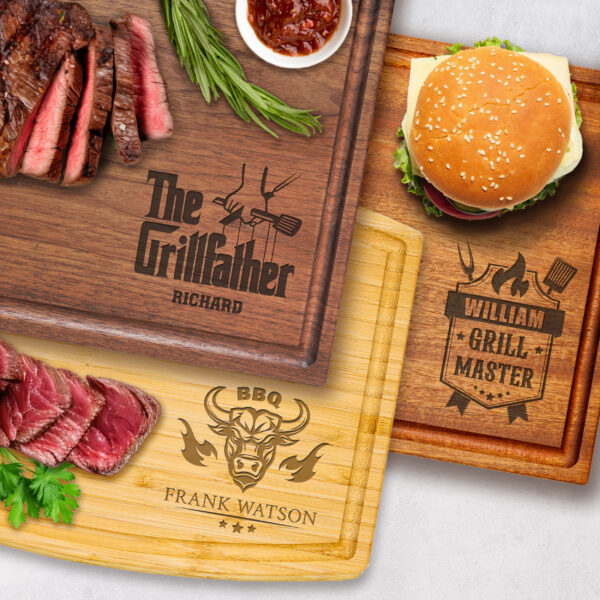 Elevate your grilling presentation with our personalized cutting boards made from walnut, bamboo, and mahogany, featuring a BBQ Grill Design and handy juice groove. Perfect for showcasing delicious grilling creations, these boards combine elegance and functionality for any BBQ enthusiast.