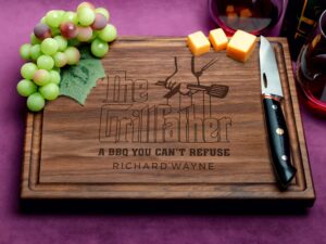 Discover the perfect gift for Dad: a personalized walnut cutting board featuring a handy juice groove and The GrillFather design. Beyond its stylish appearance, this board is crafted for long-lasting use and convenience in the kitchen. Whether for Father's Day or any special occasion, its versatility and personalized charm make it a standout choice, catering to both cooking enthusiasts and those who appreciate fine craftsmanship.