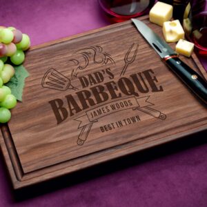 Discover the perfect gift for Dad with our personalized walnut cutting board featuring a distinctive 'Dad's Barbeque Best In Town' design and a practical juice groove. Designed to withstand daily use, it combines functionality with sentimental value, making it an excellent choice for Father's Day or special occasions. The rich walnut wood not only enhances its aesthetics but also offers inherent antimicrobial benefits, ensuring a safe and stylish addition to any kitchen. Whether slicing or serving, this board promises to delight any culinary enthusiast.