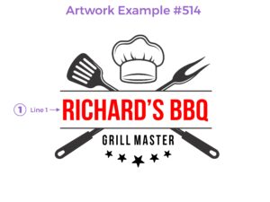 An artwork example for a cutting board featuring design #514, 'Grill Master Design'. The artwork includes stylized text in elegant, bold lettering, accompanied by a personalized part with barbeque accessories and Chef Cap on the background.