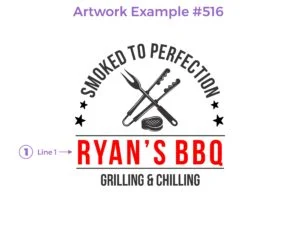 An artwork example for a cutting board featuring design #516, Grilling & Chilling Design. The artwork includes stylized text in elegant, bold lettering, accompanied by a personalized part with barbeque accessories and fresh steak on the background.