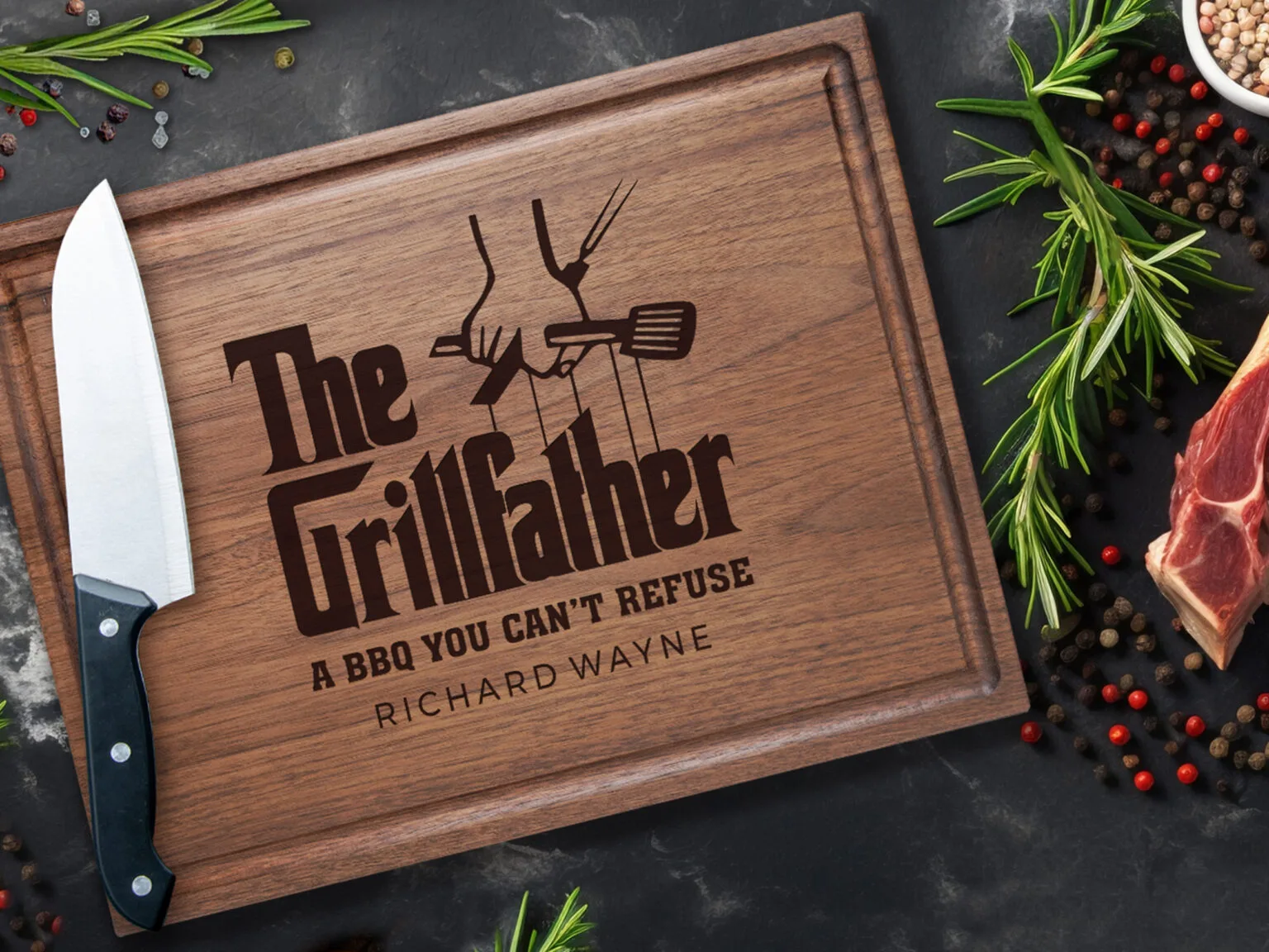 Engraved cutting board with Grill Father design for dad