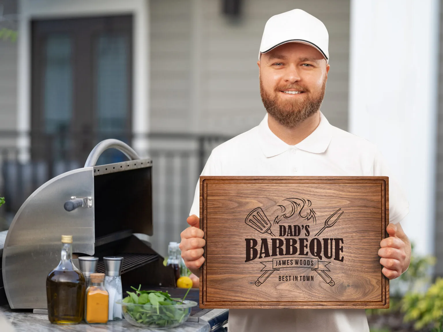 Happy father holding personalized cutting board gift in front of barbeque