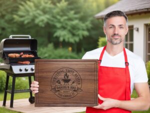 Dad showing personalized cutting board with engraved barbecue design