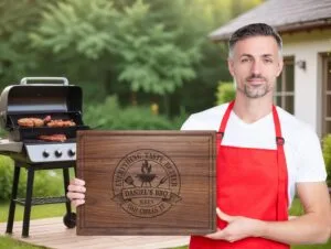 Dad showing personalized cutting board with engraved barbecue design
