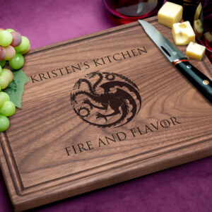 House Targaryen design fire and flavor personalized cutting board on purple background