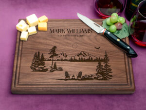 lake view campfire and adirondack chairs design on cutting board