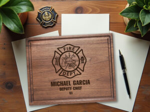 Maltese Cross Fire Department cutting board on table plant pen and fireman badge