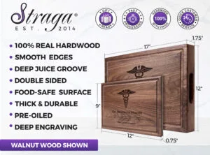 straga handmade cutting board infographic with features