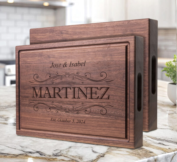 custom engraved chopping block with couple's last name first names and date gift for wedding anniversary or birthday