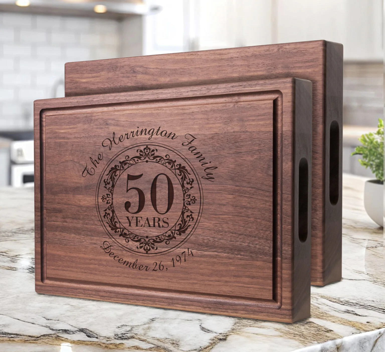 walnut chopping block with handles on sides custom engraved with 50 years wedding anniversary gift
