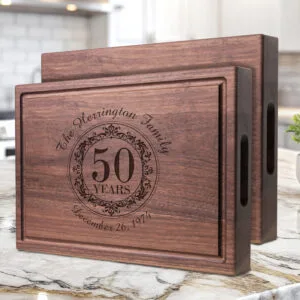 walnut chopping block with handles on sides custom engraved with 50 years wedding anniversary gift