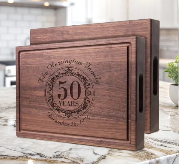 walnut chopping block with handles on sides custom engraved with 50 years wedding anniversary gift