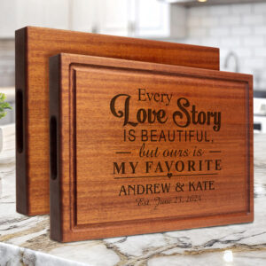 mahogany chopping block with handles engraved with couple's first names and date gift for Valentine's Day