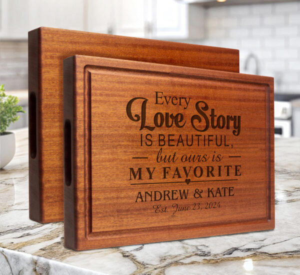 mahogany chopping block with handles engraved with couple's first names and date gift for Valentine's Day