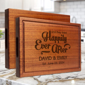 mahogany hardwood chopping block engraved with and they lives happily ever after design with first names and date gift for wedding anniversary