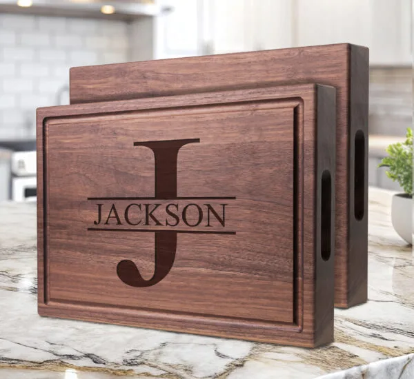 handmade chopping block with handles custom engraved with initial and last name for his birthday or newlyweds