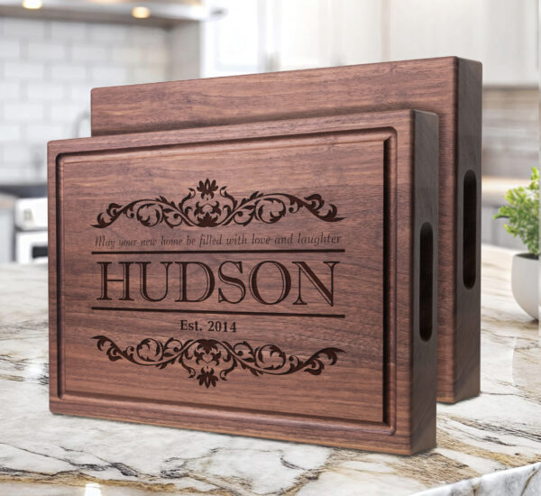 walnut hardwood chopping block with handles engraved with quote design family's last name and date perfect gift for couples anniversary or newlyweds