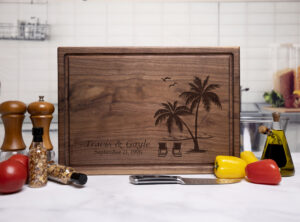 personalized walnut chopping block gift for travel couple or housewarming
