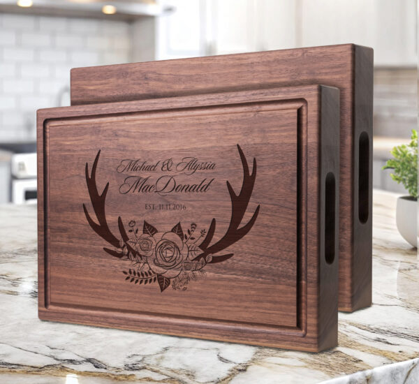 walnut hardwood chopping block with handles custom engraved with rustic design with first names last name and anniversary date great gift for outdoor couples