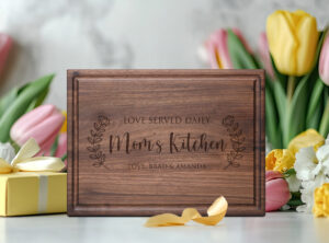 Love Served Daily Mom's Kitchen Love Your Kids design engraved on walnut cutting board