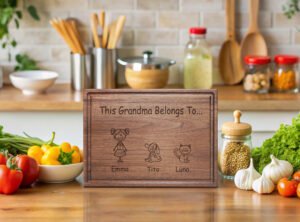 This Grandma Belongs To design engraved on walnut cutting board for Mother's Day or Granma's Birthday