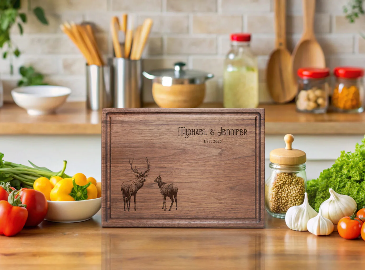 Personalized walnut cutting board with deer engraved housewarming gift for hunter
