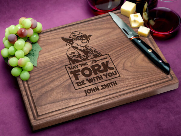 cutting board with engraving May the fork be with you inspired by Yoda from Star Wars