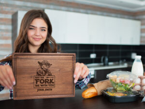 Walnut cutting board engraved with Star Wars design and full name of a fan personal gift for birthday or housewarming