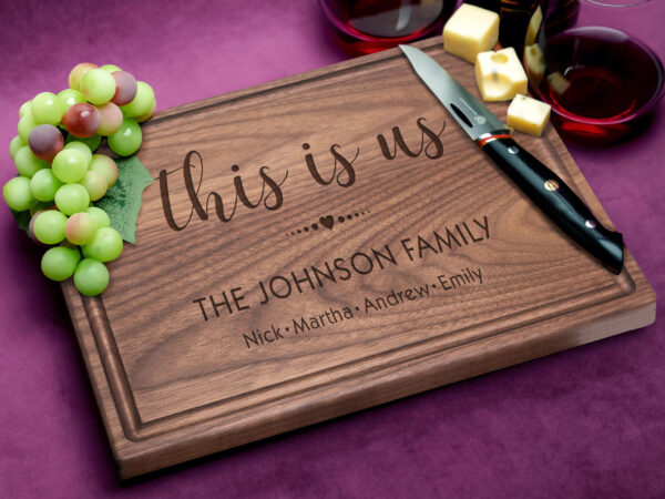 This is us design with family last name and members engraved on a walnut cutting board great gift for family reunion party
